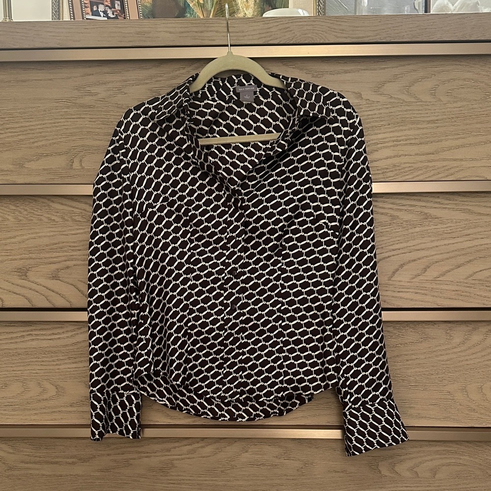 Brown and Cream Satin Ann Taylor Patterned Button-Up Shirt
